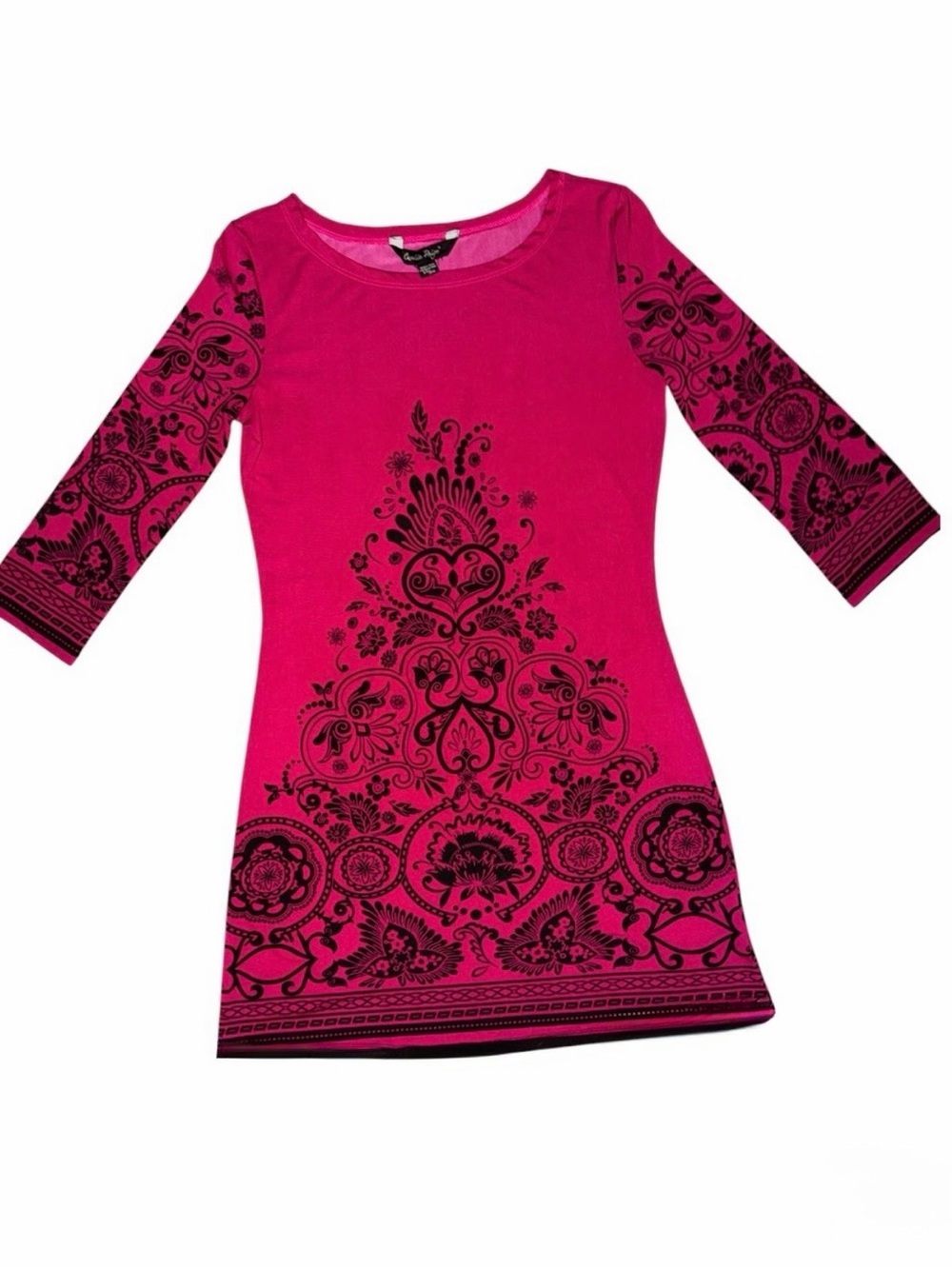 CHARLIE PAIGE Fuchsia&Black Paisley/Floral ScoopNeck 3/4 Sleeve Above Knee Dress